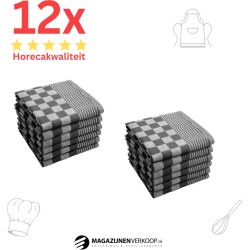 Theedoeken - Horeca Kwaliteit - Katoenenen Theedoeken set - 12 x - Zwart Wit - Ophang Lus