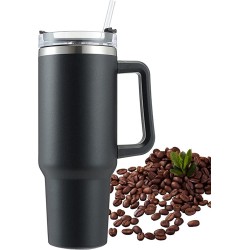 Thermosbeker met handvat inclusief Rietje - Zwart - RVS beker - Travel cup - Mug to go - Thermosbeker - Drinkbeker to go - Thermosfles