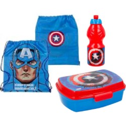 Captain America gymzak /  gymtas (44 cm - 38 cm) + brooddoos (17 cm - 13 cm - 6 cm) + Drinkfles (18 cm hoog - 400 ml)