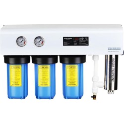 VHW104 Drinkwater UV Filter Systeem , 5 traps , Easy-Install, 30 liter /minuut . Maakt van Regenwater, oppervlakte of Putwater PUUR veilig drinkwater voor uw hele huis , Tiny-house of bedrijf. Inclusief PRE-Filter 40-60 micron voor zand en vuil.