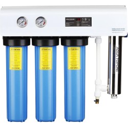 VHW204 Drinkwater UV Filter Systeem , 5 traps , Easy-Install, 45 liter /minuut . Maakt van Regenwater, oppervlakte of Putwater PUUR veilig drinkwater voor uw hele huis , Tiny-house of bedrijf. Inclusief PRE-Filter 40-60 micron voor zand en vuil.