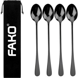 Fako Bijoux® - 4 Lange Lepels - Latte Macchiato - Longdrink - Cocktail - Dessert - IJs - Koffie - Zwart - 4 Stuks - Bewaarzakje