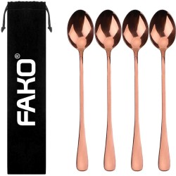 Fako Bijoux® - 4 Lange Lepels - Latte Macchiato - Longdrink - Cocktail - Dessert - IJs - Koffie - Rosé Goud - 4 Stuks - Bewaarzakje