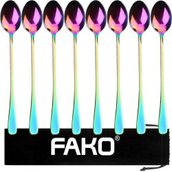 Fako Bijoux® - 8 Lange Lepels - Latte Macchiato - Longdrink - Cocktail - Dessert - IJs - Koffie - Regenboog - 8 Stuks - Bewaarzakje