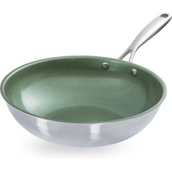 Just Vegan, Ceravegan RVS ECO wokpan – 28cm, 100% vegan, plantaardige anti-aanbaklaag - avocado-olie – duurzame wok - Met GRATIS panbeschermer