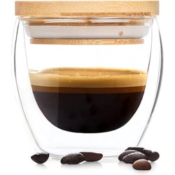 Klarstein Koffie glas met deksel - handgemaakt - dubbelwandig - isolerend - waterdicht - borosilicaatglas - bamboe