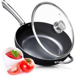 Koekenpan met deksel Non Stick Deep Saute Pan - Wok met extra handvat - 28 cm - Keramische coating - PFOA vrij - RVS - Inductie