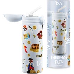 IZY Bottles - Pastel Blauw Piraten | 350 ML | Kinderen | Thermosfles | Drinkfles | Waterfles | Schoolfles | Isoleerfles | Beker | Drinkbeker | Koud | Warm | Fles | Kinder | Back to School |  350ml