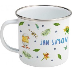 Emaille mok met naam - pimpelmees vogel kuikens lente pasen - Gepersonaliseerde drinkbeker - kraamcadeau - Dieren in aquarel - Geschilderd door Mies