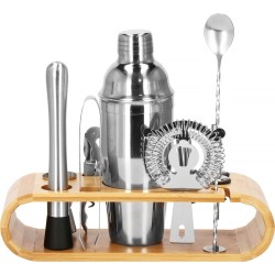 Springos Cocktail Set | 12-Delige Cocktail Shaker Set | Inclusief Bamboe Standaard & Cadeauverpakking | RVS | Zilverkleurig