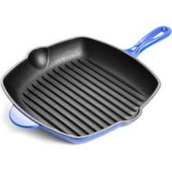 Nuovva Pre Seasoned Gietijzeren Grillpan - Steakpan Blauw - Vierkant met Schenktuit 28cm - Alle warmtebronnen - Elektrisch - Gas - Halogeen - Inductie - Keramisch