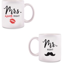 Set van 2x Mokken "Mr. Right / Mrs. Always Right" Wit - Mokken met Tekst - Set - Huwelijkscadeau - Bruiloft Cadeau - Verjaardag Cadeau - Koffiemok