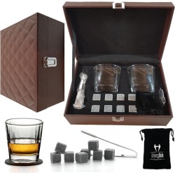 Whiskey Glazen Set - Whiskey Stones - Herbruikbare IJsblokjes - Whisky Cadeau Set in Leren Geschenkdoos - Sigarenknipper