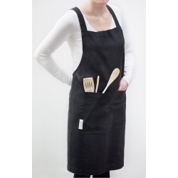 Pinafore schort van geweven linnen katoenmix/duurzame lange linnen schort voor dames en heren/ one size effen zwarte keukenschort met twee zakken/ stevige kruis rug schort