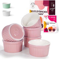 Soufflevormen, 6-pack, elk 180 ml, Creme Brulee-ontwerp, ovenbestendig, taartvormen, kleine ramekins, soufflevormen (roze)