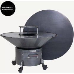 WELDED DRUM 1000 Barbecue Vuurschaal - BBQ Lounge - cortenstaal - houtgestookt-standaard met wielen, aslade, regelbare luchttoevoer onder in vuurschaal waardoor veel minder last van rook, afdekplaat
