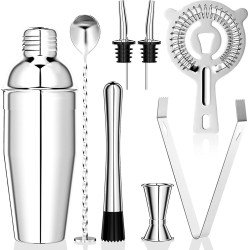 Newaner 750 ml cocktailset, 8 stuks roestvrij stalen shaker mixer, professionele barkeeperaccessoires, met shaker, dubbele maatbeker, lepel, gieter, voor het mengen van dranken, thuis, bar, party (zilver)