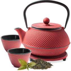 Tealøv THEE SET 800 ML GIETIJZER | COMPLETE SET IN GESCHENKDOOS | Gietijzeren Theepot met Roestvrijstalen Zeef, Gietijzeren Theekopjes en Onderzetter | In Authentiek Japanse Stijl | Arare Rood