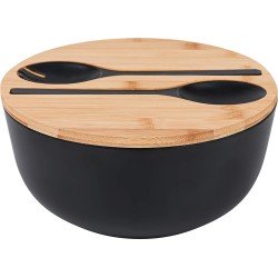 Slakom met Servers Set - Grote 9,8 inch mengkommen Massief Bamboe Salade Houten Kom met Bamboe Deksel Lepel voor Fruit, Salades en Decoratie (Zwart, 9,8 INCH)