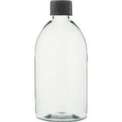 10 lege flesjes van 500 ml Kleur: transparant Materiaal: PET Model: rond met zwarte dop Nederlands fabricaat Afmetingen: Hoogte 200 mm Breedte 75 mm