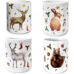 4 kerstmokken keramiek - Hert beer rendier konijn uil roodborstje kerstdecoraties - Kerstbeker - 300 ml - Handgeschilderd design door Mies