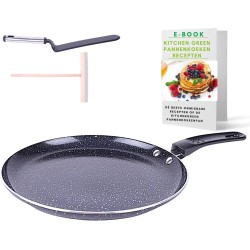 Kitchen Green Pannenkoekenpan Anti-Aanbaklaag - Crêpe pan Inductie - Pannenkoekenmaker PFOA vrij - Lage randen - Inductie/Gas/Oven/Elektrisch -Incl. E-Book -25.5Ø - Aluminium