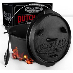 Black Bull BBQ Dutch oven set [7L] - Ingebrande vuurpot van gietijzer met voeten & deksel - Met spiraalgreep voor optimale houvast - incl. deksellifter