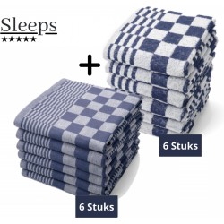 Sleeps® Horeca Kwaliteit Katoenen Keukendoeken & Theedoeken set - 6x Theedoeken + 6x Keukendoeken - Blauw Wit -