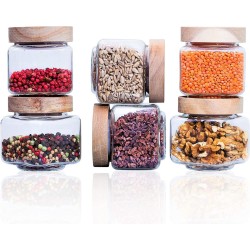 Econovo® Kruidenpotjes vierkant met deksel 220 ml (6-delig) van mondgeblazen borosilicaatglas, kruidenpotjes, voorraadpot, luchtdicht, voorraaddozen, glazen containers set voor specerijen en levensmiddelen, klein