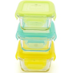 KOOLECO 3 Glazen vershoudbakjes met deksel 150ml - Blauw Geel Groen Vierkant