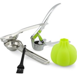 Blossombel Knoflookpers RVS - Citruspers - Notenkraker - gratis Peeler en Borstel - 4 in 1 set