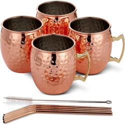 4 RVS Moscow Mule Cocktail Beker Geschenkset, Koper (550ml) – Inclusief 4 Rietjes en Reinigingsborstel