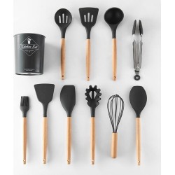 Fishermex Kitchenware - 12 Delige keukengerei set inclusief houder - Siliconen met houten handvat - Grijs