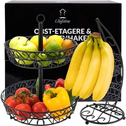 Chefarone Fruit Etagère Met Bananenstandaard - Fruitmand Metaal - Bananenhouder - Fruitschaal 2 Laags - Groentemand - Zwart