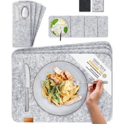 MIQIO® Design Ontwerp Premium Vilt&Leer Wasbaar Placemat met Onderzetters en Bestekzakken (Lichtgrijs, set voor 4 personen)