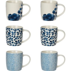 Siaki Blauw, blauw, blauw porseleinen beker 330 ml met oor, set van 6 (2 x rozen, 2 x blaadjes, 2 x stipjes)