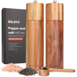 Deleca Luxe Peper en Zoutmolen Set - Zout / Pepermolen - Handmatig - Met Navul Lepel & Geschenkdoos - Acacia Hout - Rond