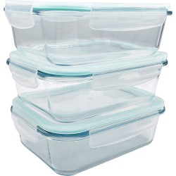 Vershouddoos glasset, vershouddozen van glas met deksel, voorraaddozen glas meal prep dozen glazen opbergdoos 6 delen (3 containers met 3 afsluitbare deksels) (1040 ml + 1040 ml + 1040 ml)