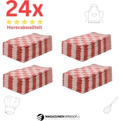 Theedoeken - Horeca Kwaliteit - Katoenenen Theedoeken set - 24 x - Rood Wit - Ophang Lus