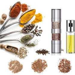 Peper en Zoutmolen ( 2-in-1) + Olijfolie/Azijn flacon met pompje| Voor baken, bbq, salade's en air fryer