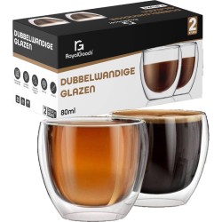 RoyalGoods® Dubbelwandige Glazen – Kleine Koffieglazen - Espressoglazen – 80ML – 2 Stuks – Espresso Glazen