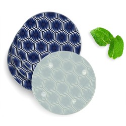 4 Luxe Glazen Onderzetters - Blauwe Hexagons - Rond