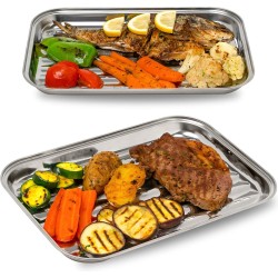 GOURMEO BBQ Grillmand Set van 2 - Roestvrijstalen Mand - Grillmanden voor Buitengrill - BBQ Groente Grillmand en Vleesbak met Gaten