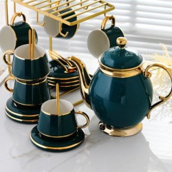 Thee- en koffieset – Theeservies – Koffieset – Theepot en 4 kopjes – Theepot, kopjes en schotels – Luxe theeservies set – Donkerblauw/groen en goud