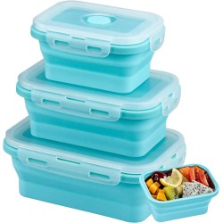 Opvouwbare voedselopbergdozen, set van 3, siliconen lunchboxen, herbruikbare containers, blauwe lunchbox, rechthoekige opbergdozen voor magnetrons, koelkasten, 350/500/800 ml