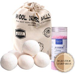 Waay Lifestyle drogerballen - wasdrogerballen - Droogballen - Wasbollen - 100% wol - Droogt Tot 40% Sneller - Incl. Opbergzak - Energiebesparend - Milieuvriendelijke Drogerballen - Incl. Gratis Geurparels - Wasparfum - 8 stuks - Beige - Wit