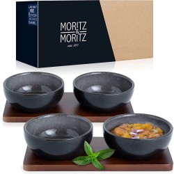 6-Piece Dip Bowls Set with Board - 10 cm Diameter - 4 Dip Bowls Black Grey Blue Porcelain - for Snacks, Desserts, Dips and Sauces