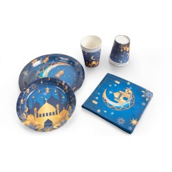 Festivz Ramadan Eid Wegwerp Servies Set - Blue Gold - Verjaardag - Ramadan Decoratie - Eid Mubarak - Feest - Borden Bekers Feestartikelen - Eid al Fitr - Blauw Goud Feest