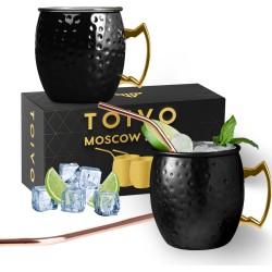 Toivo Moscow Mule Bekers Deluxe 2 Stuks - Zwart - Inclusief RVS Rietjes - 500 ml - Cocktailglas - Koperen Beker