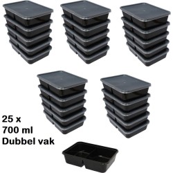 Vershoudbakjes - Vershouddoos - Meal Prep Bakjes Met Deksel - 2 vak - Magnetron bak - 700ml inhoud - Zwart - 25 Stuk.